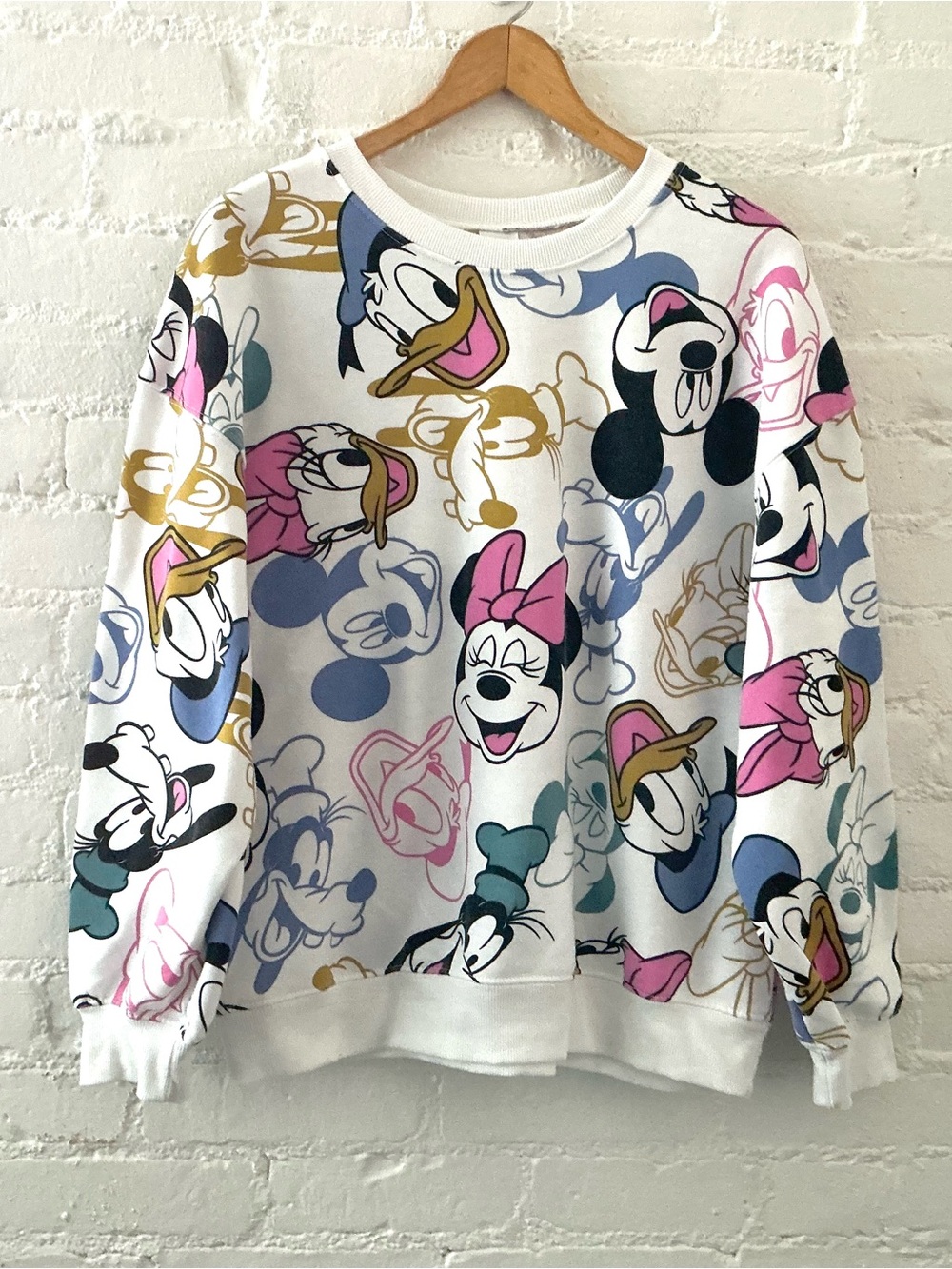 Vintage Style Disney All Over Print White Crewneck Sweatshirt Mickey Friends L